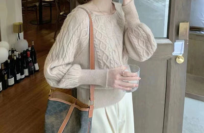 Frauen Square Neck Verdicken Rippe Pullover Laterne Hülse Lose Büro Stricken Pullover Frauen Herbst Winter Casual Feste Warme Pullover.