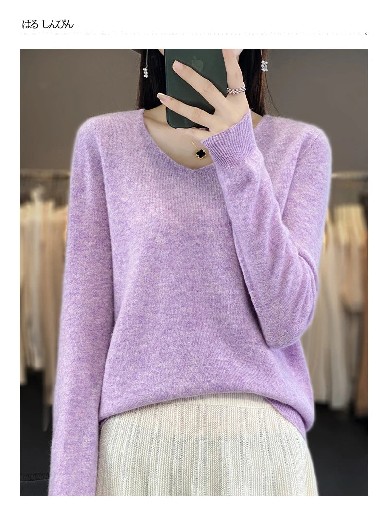 Women 100% Merino Wool Sweater V-Neck Basic Pullover Autumn Winter Cashmere Clothing Long Sleeve Soft Knitwear Tops Solid Color