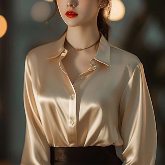 Spring Summer Casual Women's Satin Shirt Lapel Long Sleeve Blouse Loose Solid Color Office Lady Fashion Shirts Top.