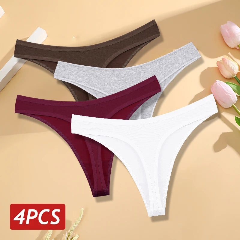 4PCS/Set Women Cotton Panties Seamless Low Rise Thongs V-Waist Solid Color Breathable Underwear Female Soft Lingerie Intimates.