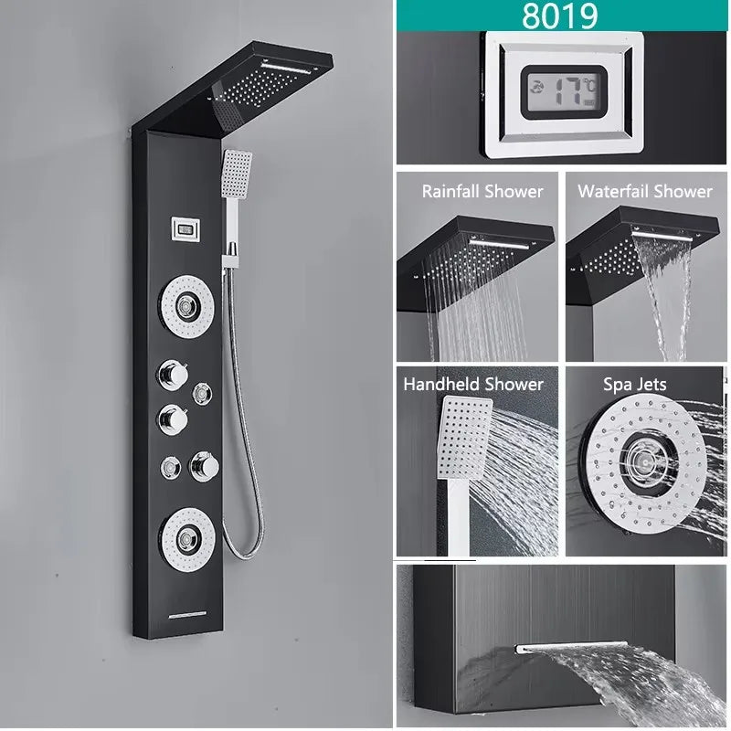 LED Light Bathroom Shower Faucet Set LED Rainfall Shower Panel System Bathtub Water Mixer Tap Massage SPA Temperature Screen