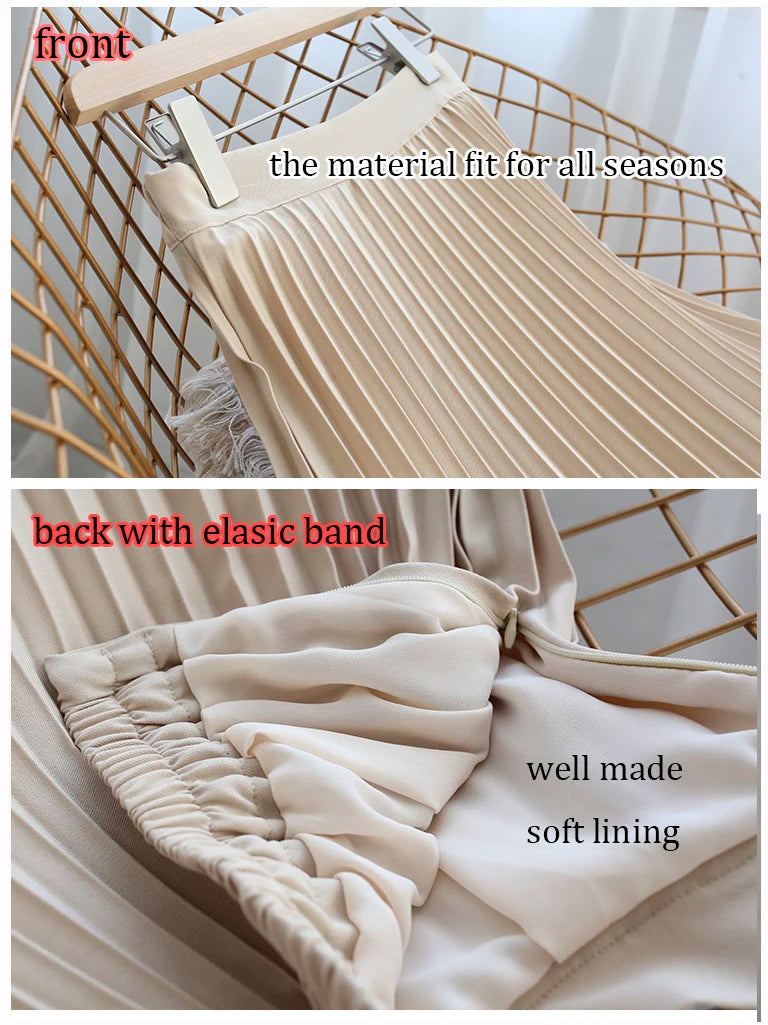 Brand Designer Women Spring Autumn Elegant Chic Solid Pleated Skirt High Waist Luxury Fashion With Elastic Female C-035.