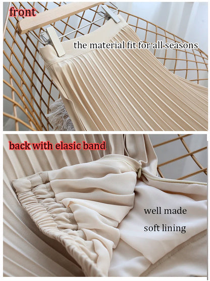 Brand Designer Women Spring Autumn Elegant Chic Solid Pleated Skirt High Waist Luxury Fashion With Elastic Female C-035.