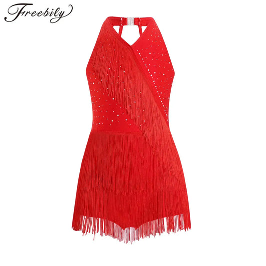 Kinder Mädchen Latin Dance Kleid Fransen Quaste Latin Dance Trikot Kostüm Ballsaal Sumba Cha-cha Tango Bühne Leistung Dancewear