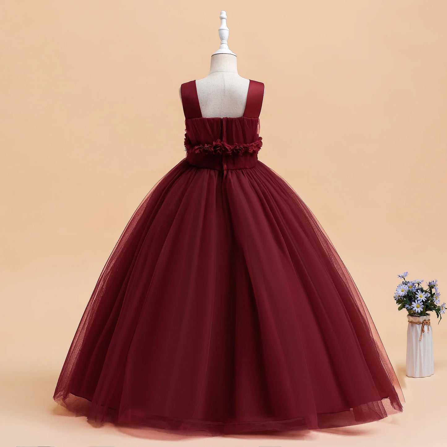 Mädchen Partykleider Weiß Langes Hochzeit Brautjungfer Prinzessin Kleid Abend Tüllkleid Abschlussball Klavier Performance Kleid