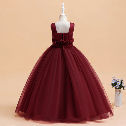 Mädchen Partykleider Weiß Langes Hochzeit Brautjungfer Prinzessin Kleid Abend Tüllkleid Abschlussball Klavier Performance Kleid