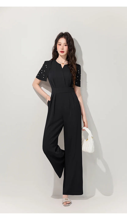 Women's Luxury Diamond-Studded Jumpsuit – Slim Fit Wide Leg Palazzo Pants, Autumn Short Sleeve Romper with High Waist.