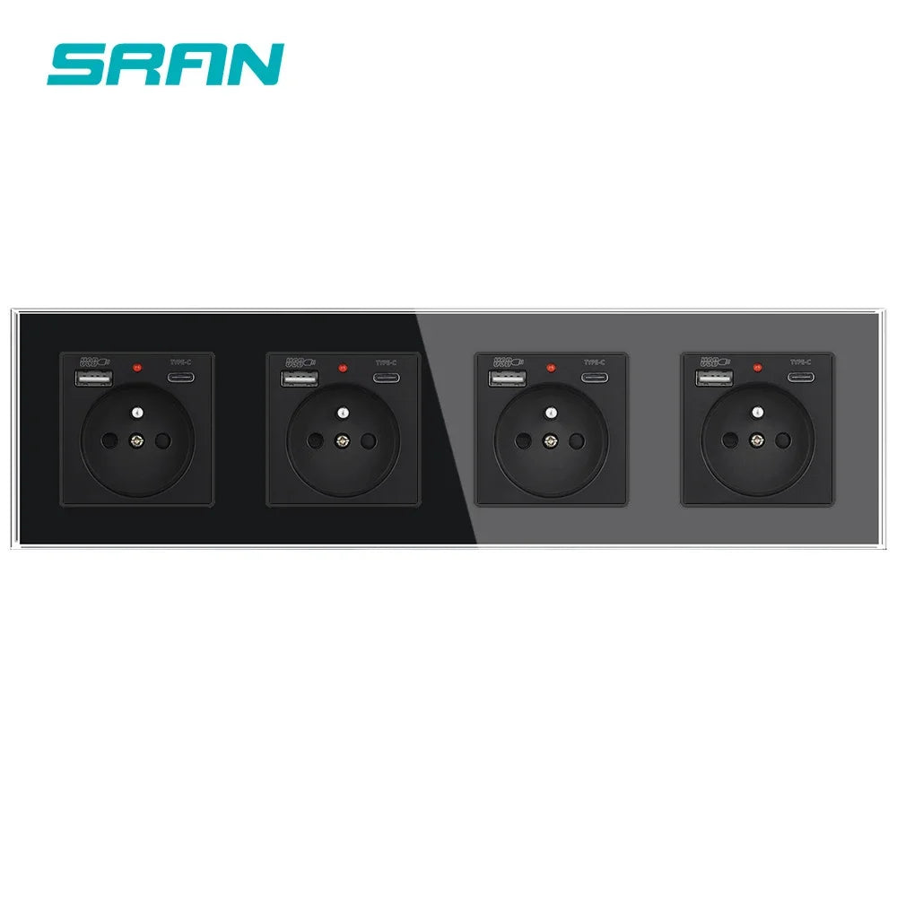 SRAN Französische USB-Wandsteckdose 5 V 2,1 A, Kristall-Hartglasscheibe 16 A 220 V 82 x 82 mm Steckdose Frankreich-Standard mit Abdeckung