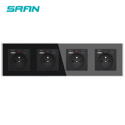 SRAN Französische USB-Wandsteckdose 5 V 2,1 A, Kristall-Hartglasscheibe 16 A 220 V 82 x 82 mm Steckdose Frankreich-Standard mit Abdeckung