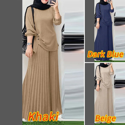 ZANZEA Muslim Sets Fashion 2pcs Women Long Sleeve Blouse Wide Leg Pant Sets Causal Spring Solid Work Outfits Islamic Clothing.