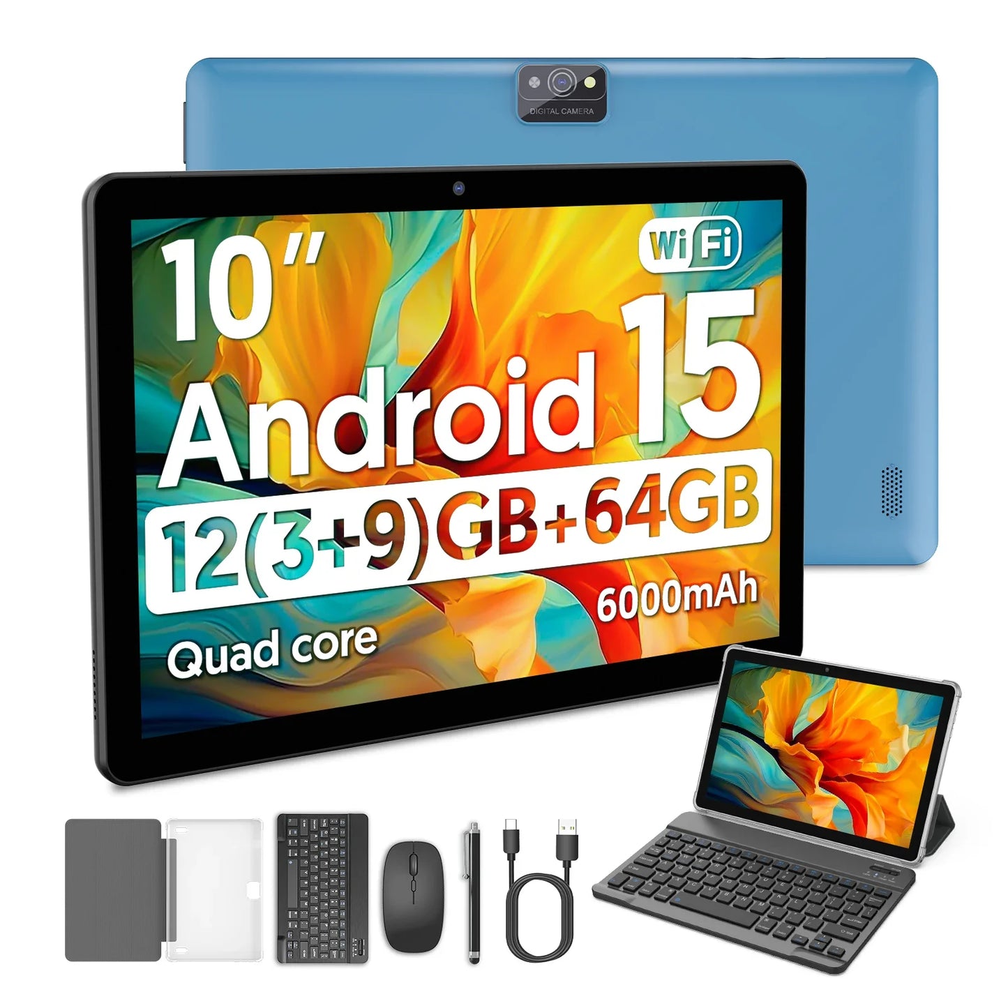 New BAKEN 10-inch Android 15 tablet with 64GB storage, keyboard, leather case, SIM card slot, stylus, mouse, and dual speakers.