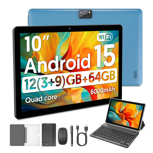 New BAKEN 10-inch Android 15 tablet with 64GB storage, keyboard, leather case, SIM card slot, stylus, mouse, and dual speakers.