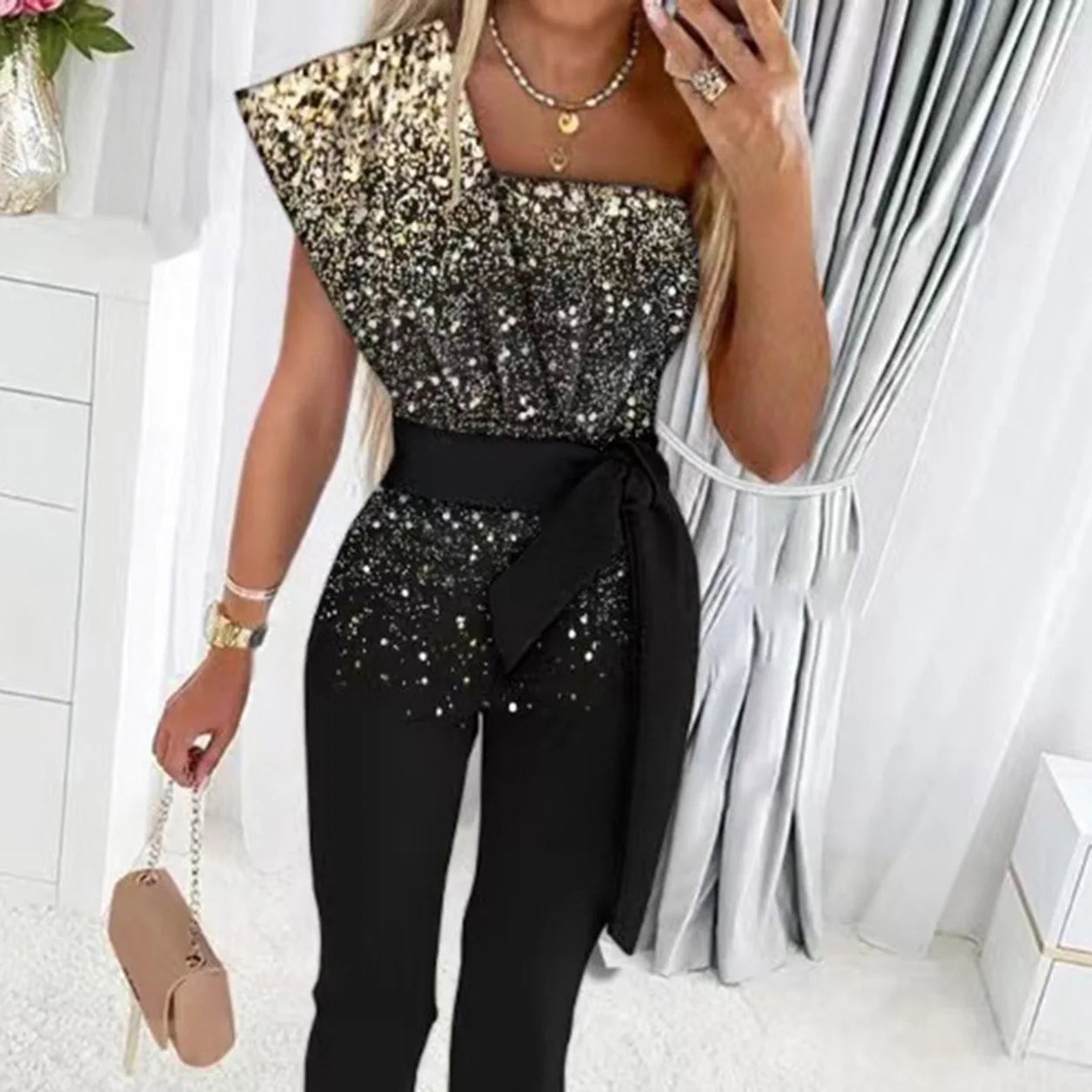 Women Jumpsuits Sleeveless Rompers Overalls Solid One Piece Pencil Pants Slim Belt Slight Strech Spliced Sequins Office Lady