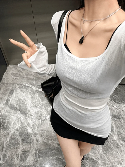 Mesh Sheer Irregular T Shirt For Women New Long Sleeve See-Through Korean Pullover Tops Sexy Autumn Girls Top Tee Shirt Casual.