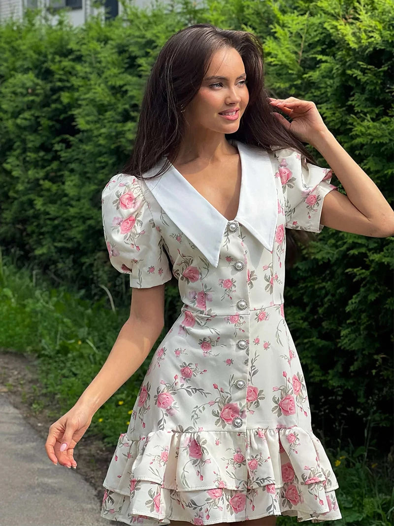 Beiyingni Neue In frauen Kleid Elegante Französisch Mode Schlank Kurzarm Mini Kleider Weibliche Rüschen Tasten V-ausschnitt Kurze Vestido.