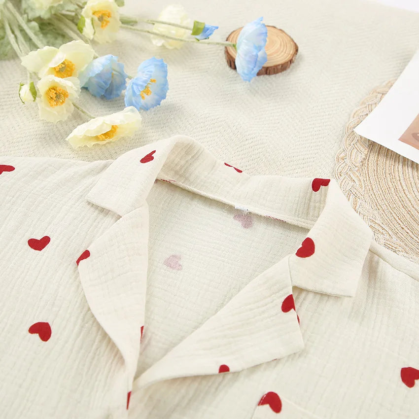 2-Piece Muslin Pajamas Set for Women 100% Cotton Love Printed Comfortable Long-Sleeved Tops Pajamas Home Wear Sleep Autumn Cloth.