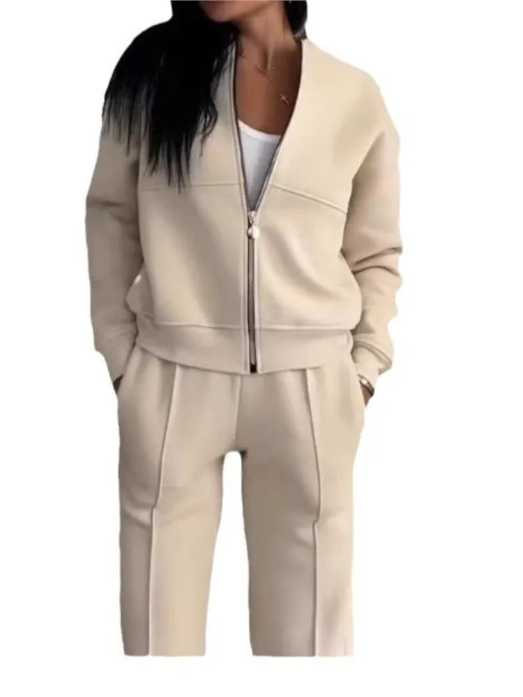 Women Tracksuit 2 Pieces Set Fashion Long Sleeve Zipper Coat Casual Solid Sweatshirt Straight Pants Suit Ladies Autumn Sportwear.