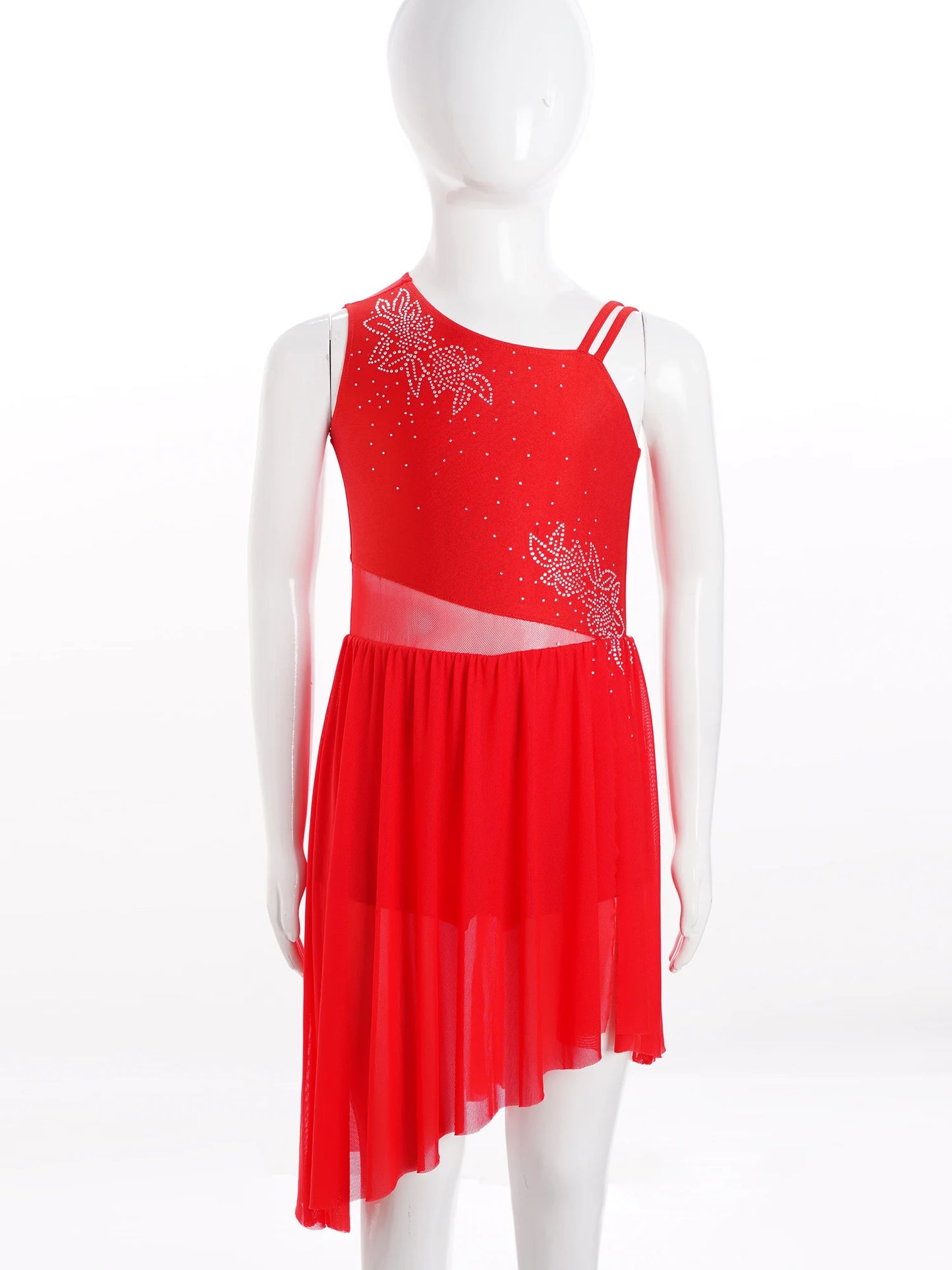 6–16 Jahre Mädchen, modernes lyrisches Tanzkleid, ärmellos, glänzender Strass-Trikot, Tanzkleidung für Skating, Gymnastik, akrobatische Leistung.