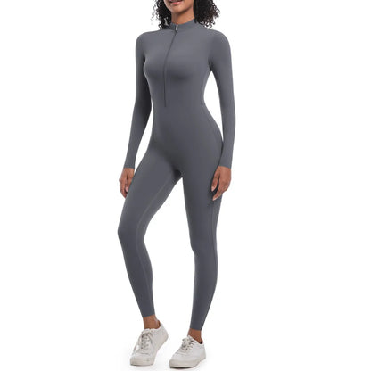 S-XL 2025 Nylon Zipper Long Sleeve Yoga Set Women One Piece Jumpsuit Fitness Gym Workout Pant Legging Running Romper Suit XP27.