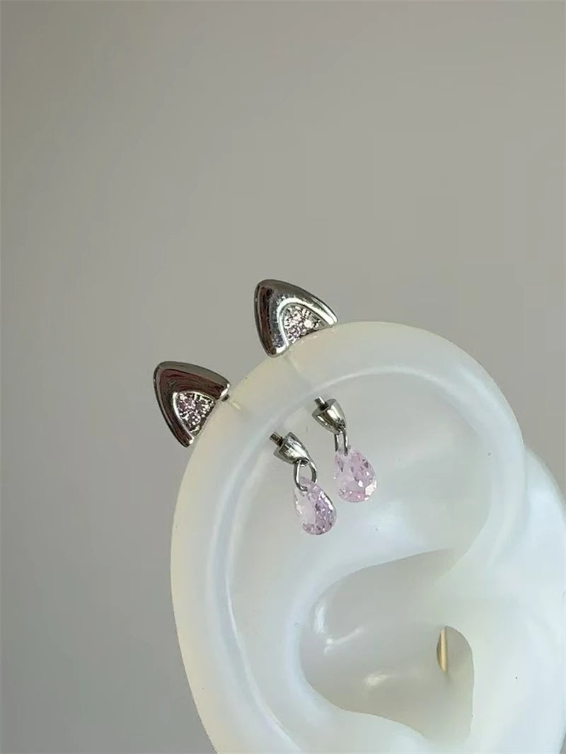 Silver Color Cat's Ear Droplet Shaped Zircon Stainless Steel Ear Bone Nail Earring for Women New Trendy Body Piercing Accessorie.