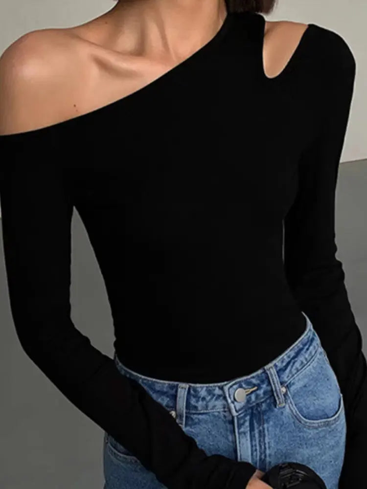 Fashion Skew Collar Off-shoulder Long-sleeved T-shirts Women Spring New Solid Slim Fit Crop Top Sexy Hollow Out Tees Shirts.