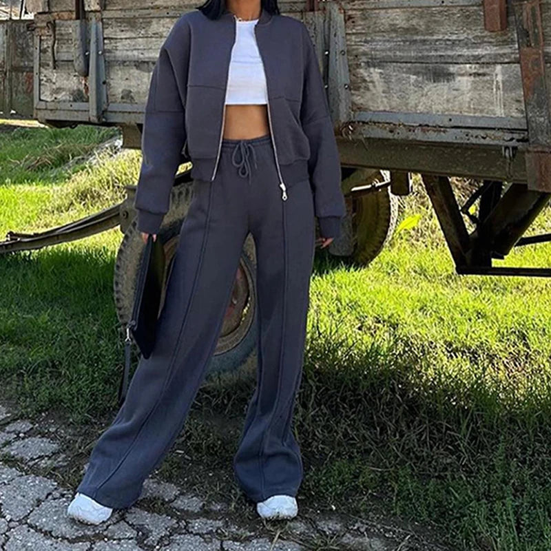 BKLD 2025 Casual Women's Tracksuit Sets Zip-up Loose Cropped Cardigan+Drawstring Sweatpants Solid Fashion Running Street Outfits.