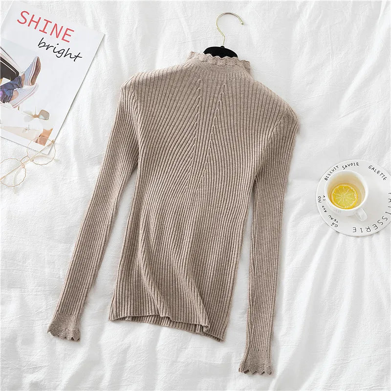 2026 weibliche Dünne Koreanische Strickwaren Tops Herbst Winter Pullover Frauen Hohl-out Pullover Langarm Rollkragenpullover.