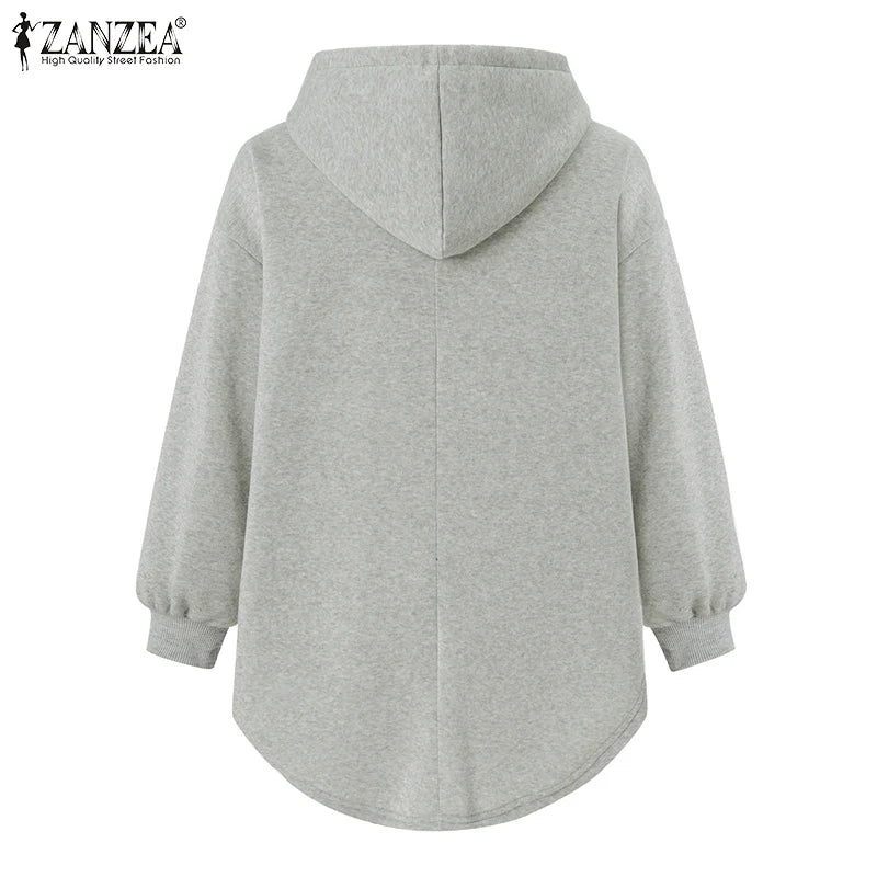 ZANZEA Plus Größe Sweatshirt 2025, Mode Herbst Winter Solide Frauen Warme Kapuze Tops Lose Beiläufige Pullover Langarm Hoodies