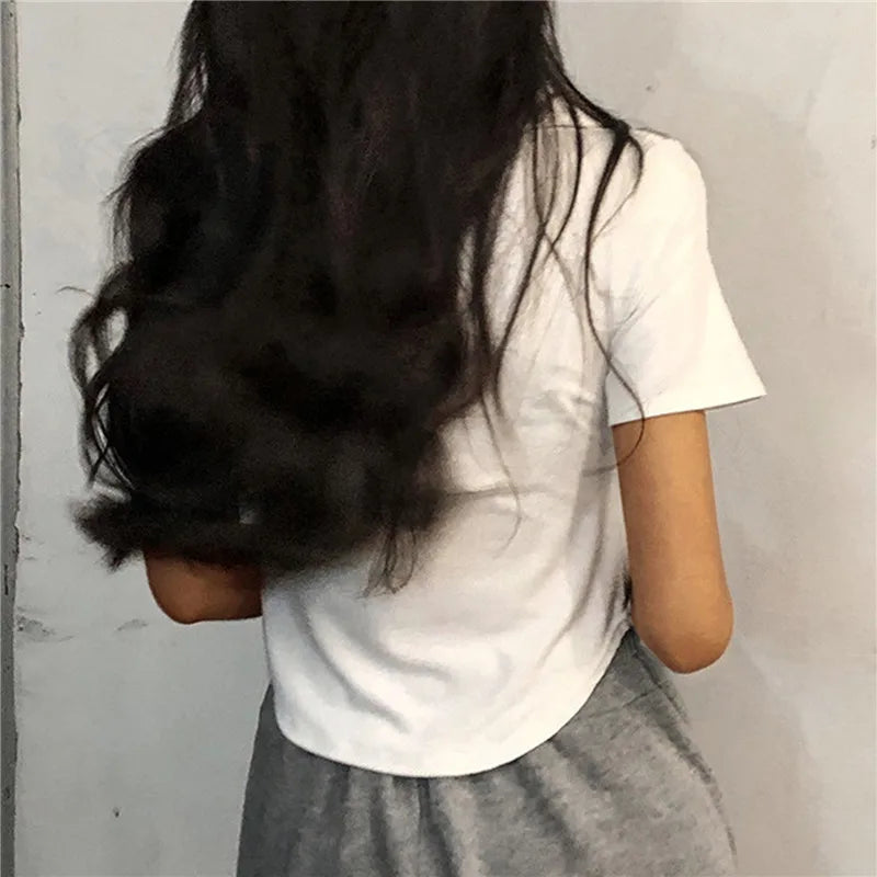 Summer Short Sleeve Lapel Top Women'S Solid V-Neck Pullovers Retro Sweet Shirts Hot Girl Crop Top Female Slim Versatile Tee.