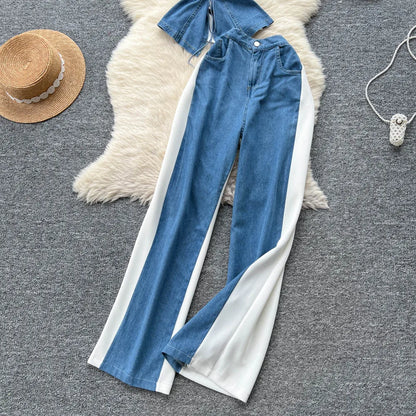 Denim Two Piece Sets Women Jeans Suit Lace Y2k Top Wide Leg Pants Zipper Lace Up Patchwork Trousers Outfits Ensemble Summer 2025.