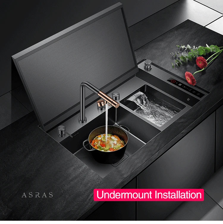ASRAS Hidden Double Sinks Smart Purifying Kitchen Island Sinks Flip Cover Hidden 4mm Thickness Handmade kitchen Sinks
