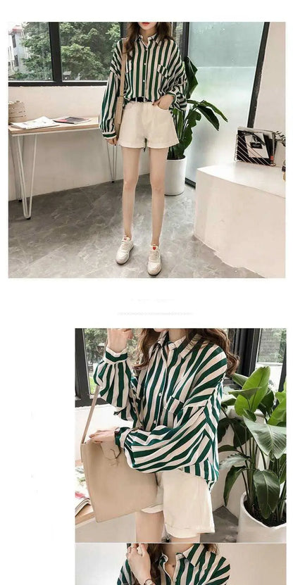 1pcs Woman Spring Autumn Stripe Shirts Lady Casual Long Sleeve Turn-down Collar Loose Shirt Female Chiffon Temperament Tops.