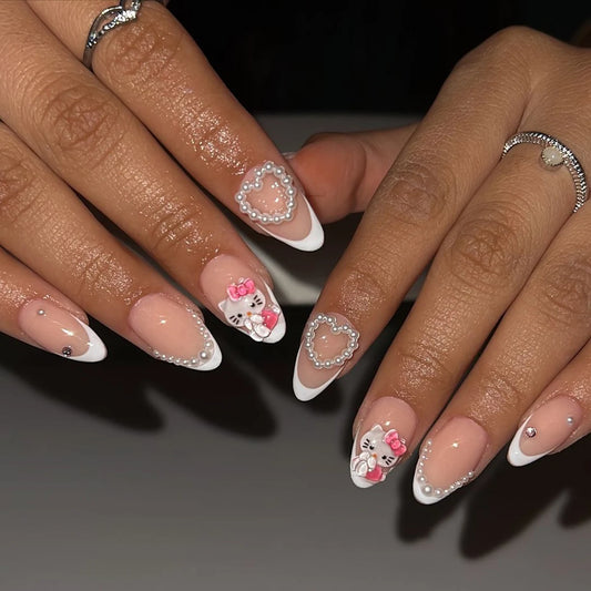 24PCS Almond Armor Sanrio White French Hello Kitty Diamond 3d White Pearl Love Diamond Wear Armor suit.