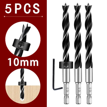 1/4 Sechskantgriff Dreizackiger Holzbearbeitungsbohrer und Tiefenanschlag-Positionierer Ring-Set Holzbearbeitungsloch Reiben Elektrowerkzeug