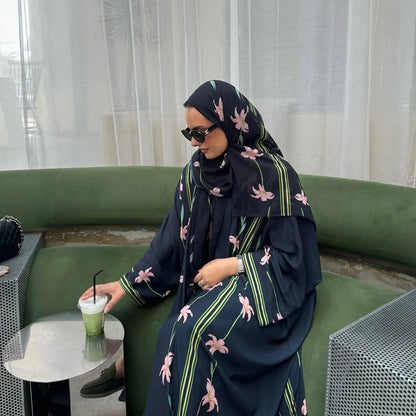 Uni Islamic Clothing Modest Abaya Women Muslim Dress Front Open Printed Abaya 2025 With Hijab Scarf Two Piece Set for Summer.