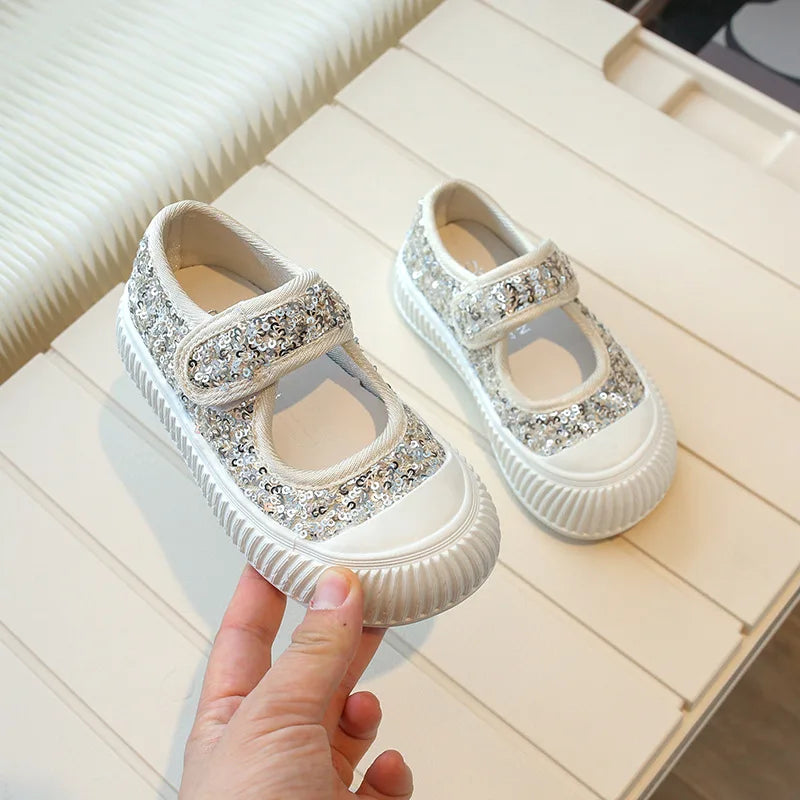 New Girl Princess Canvas Shoes Fashion Luxury Sequins Children Causal Shoes Breathable Kids Glitter Mary Jane Shoes Thick Bottom.