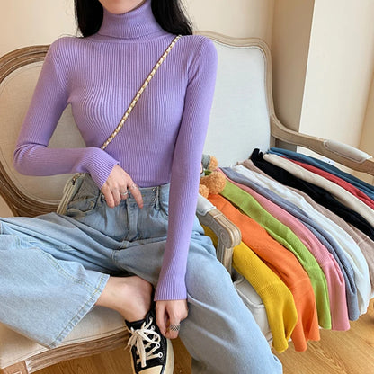 2023 herbst Winter Frauen Langarm Gestrickte Foldover Rollkragen Rippen Pull Pullover Weiche Warme Femme Jumper Pullover Kleidung