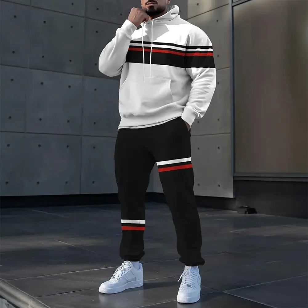 Simple Stripe Print Men's Hoodies Sets Autumn Winter Casual Sweatshirt Pants 2 Piece Fashion Tracksuits Outdoor Street Clothing.