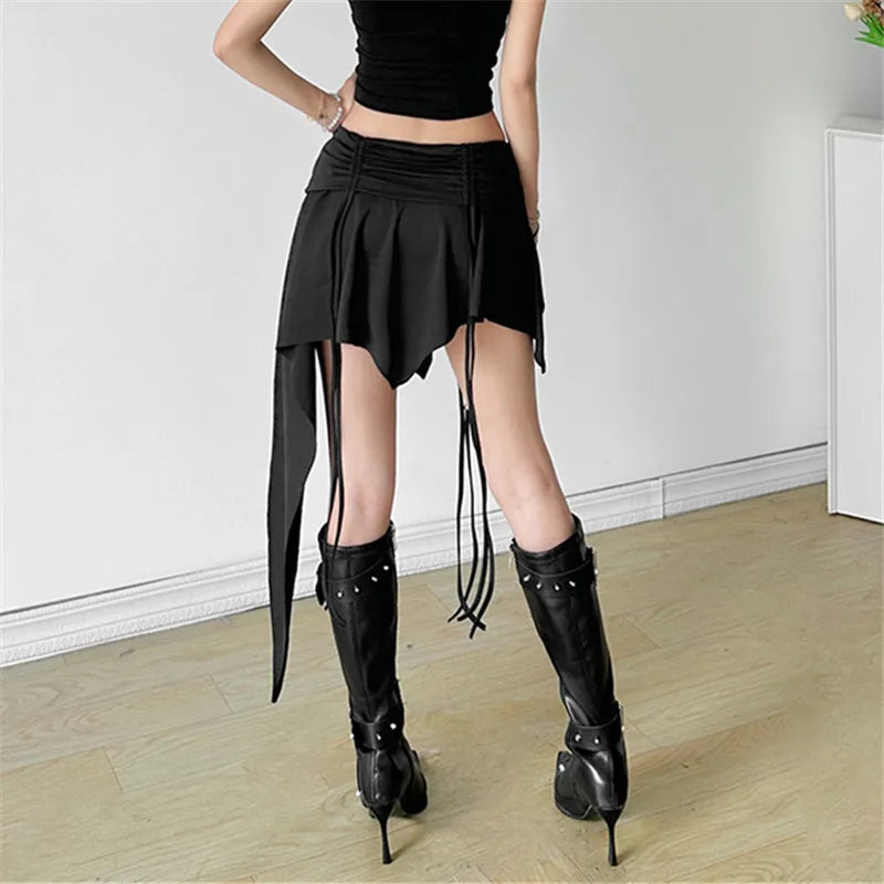 Goth Dark Mall Gothic Dropped Waist Drawstring Mini Skirt Punk Grunge Women Irregular Hem A-line Skirts Chic E-girl Techwear Y2K.