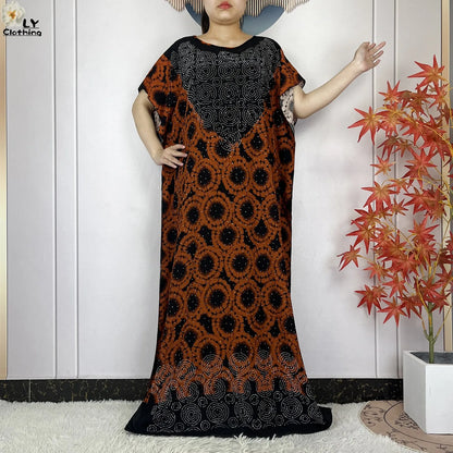 2024 New Muslim Women Dashiki Printed Dress Flower Diamonds Loose Dress With Big Scarf Islamic African Women Short Sleeve Abaya.
