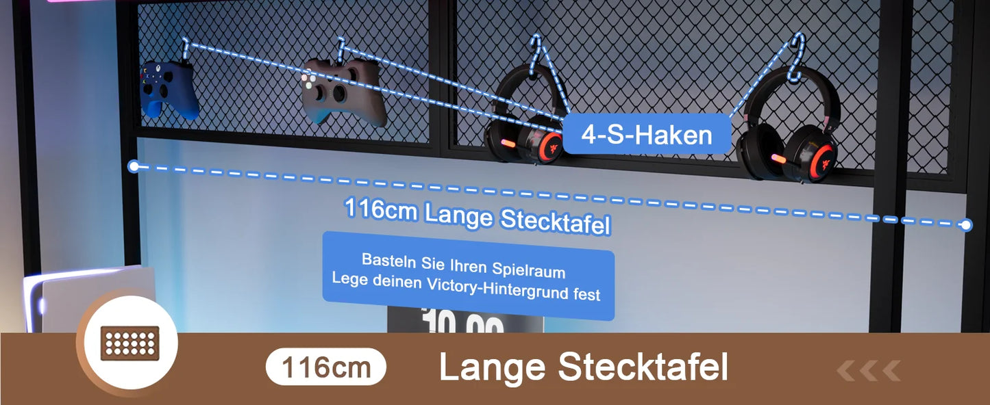 Devoko Gaming Tisch mit LED & Steckdosen,120x60 cm DIY-Stecktafel Schreibtisch mit Ablageregalen