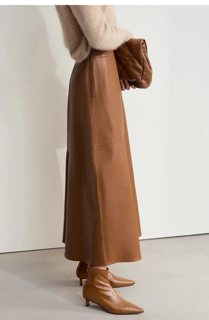 AMII Minimalist Elegant Commuter Environmentally Friendly PU Leather Skirt 2024 Winter New Women's Loose A-shaped Skirt 12444181