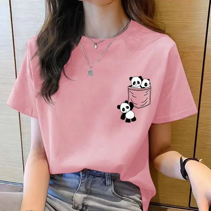 Women Short Sleeve Top Summer New Pocket Panda Cartoon Printed T-shirt Korean Fashion Women Tops Loose Round Neck T Shirt Women.