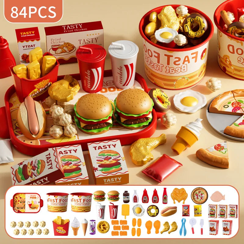 Kid Kitchen Toy Set Simulation Make Hamburger Pizza Fries Pretend Play Food Cooking Cutting Game Montessori Interactive Toy Gift.