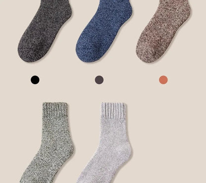 5 pairs of men's mid-calf thick winter fleece-lined thermal terry socks, blended cashmere solid color towel socks