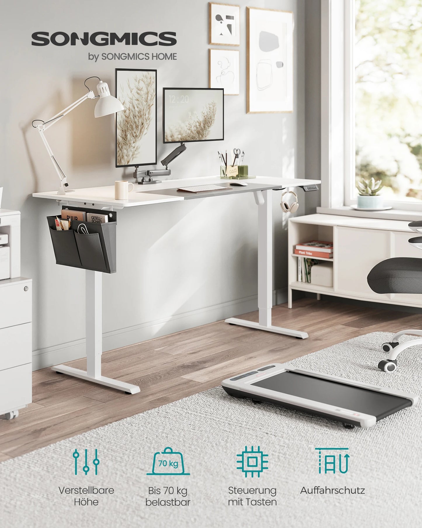 SONGMICS Höhenverstellbarer Schreibtisch elektrisch, 70 x 160 x (72-120) cm, stufenlos verstellbar, gespleißte Platte