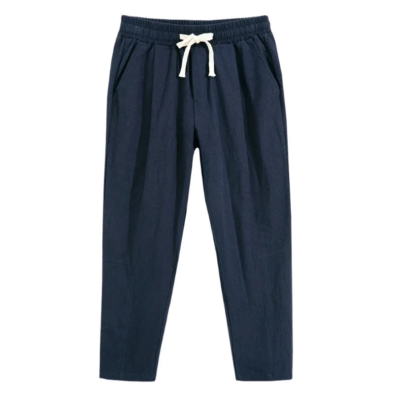 Mens Lightweight Cotton Pants Casual Solid Color Sweatpants Straight Drawstring Baggy Streetwear Breathable Ninth Pants.