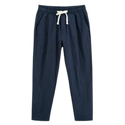 Mens Lightweight Cotton Pants Casual Solid Color Sweatpants Straight Drawstring Baggy Streetwear Breathable Ninth Pants.