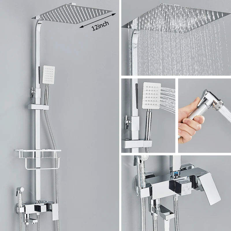 Black Chrome 3/4-way Shower Faucet Rainfall Shower Hot Cold Water Mixer Bidet Faucet Commodity Shelf For Bathroom Shower Mixer