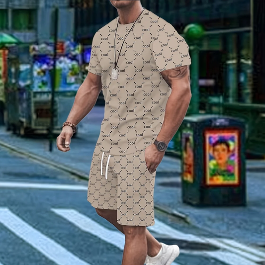 Chicago Monogram Print Men's Short Sleeve And Shorts Set Everyday Casual Men's T-shirt Street Fashion Sports Shorts Two-piece.